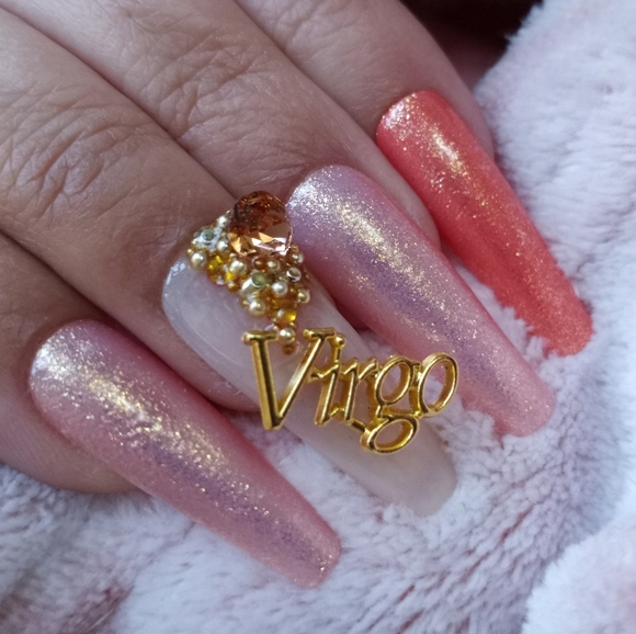 Virgo horoscope birth sign Peach coral luxury presson nails - Picture 3 of 3